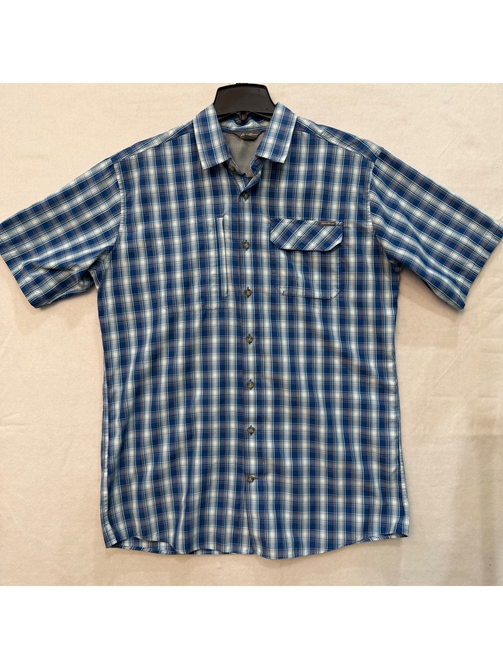 Eddie Bauer Mens Large Tall Short Sleeve Vented Button Up Shirt Plaid Blue Shirt